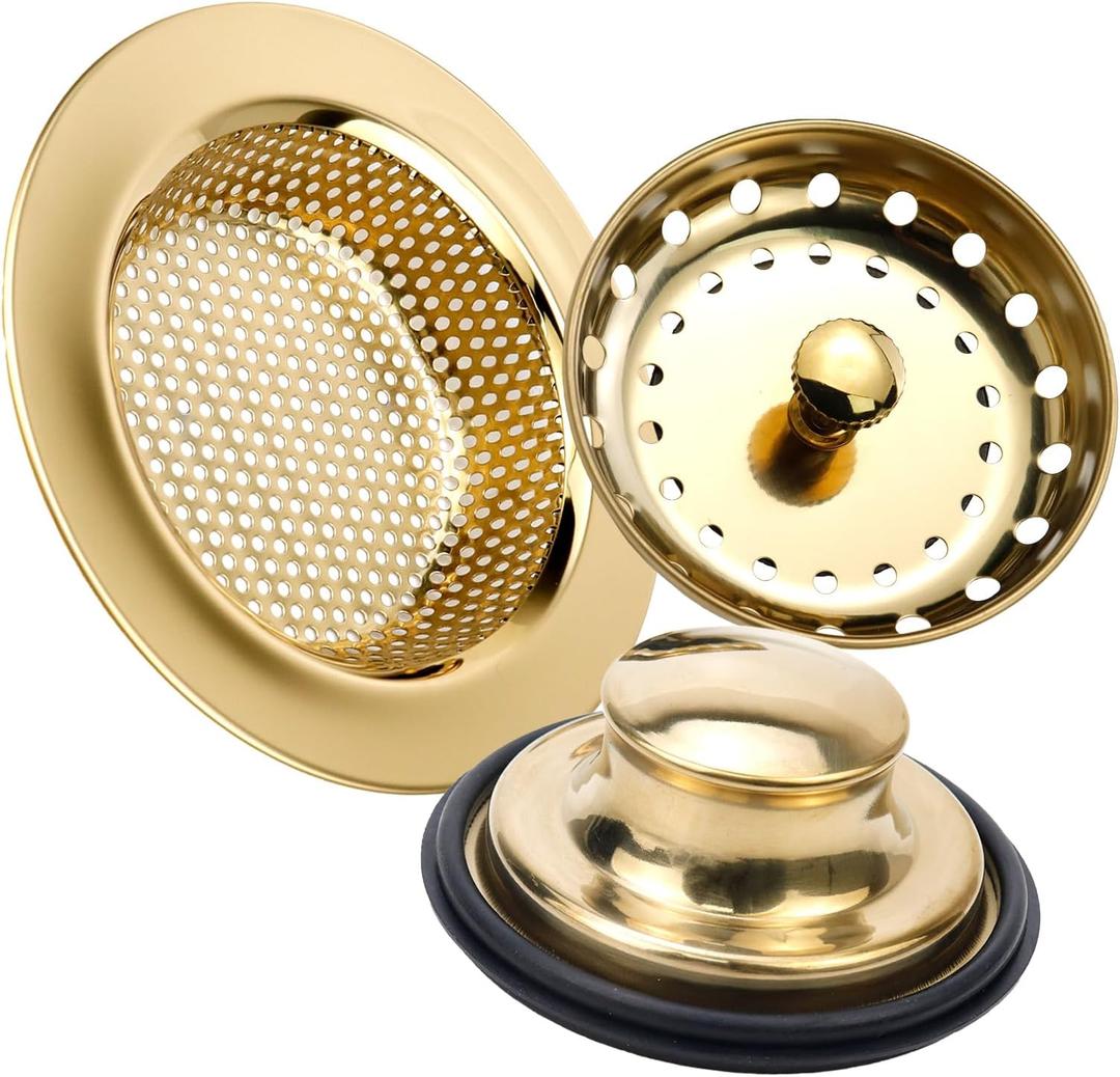 Antrader Kitchen Sink Drain Strainer and Stopper Gold,3Pcs Stainless Steel Kitchen Sink Drain Strainer Basket and Stopper Gold Kitchen Sink Drain Strainer Kitchen Sink Stopper Kit Basket