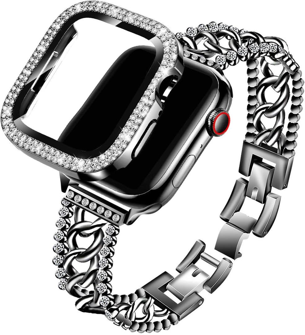 Work for Bling Apple Watch Band Women 44mm, Jewelry Bracelet Bands Metal Strap Sparkly Stainless steel Wristbands with Diamond Rhinestone Case for iWatch SE Series 6/5/4 Black