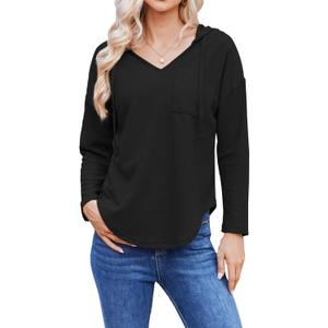 Womens Hoodies Long Sleeve Sweatshirts Pullover Top V Neck Drawstring Shirts With Pocket Loose Casual (Black, XL)