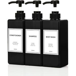 Modern Shampoo and Conditioner Dispenser (21 oz, Pack of 3) Refillable Pump Bottle Set Empty Shower Plastic Bottles with Pump for Bathroom Body Wash Soap and Shower (Black)
