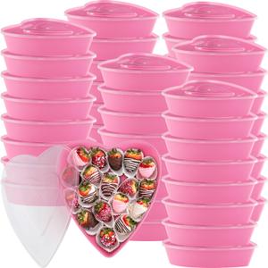 Yerliker 48 Pieces Valentines Heart Food Containers with Lids 22 oz / 650 ml Large Heart Shaped Food Containers Plastic Storage Box Reusable Dessert Box for Kitchen Restaurant Fruit Vegetable (Pink)