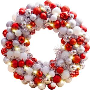 Amooca 16in Christmas Ball Wreath with LED Lights Front Door Window Decorative Hanging Ornaments Table Centerpiece Holiday Party Home Decoration Red White Silver