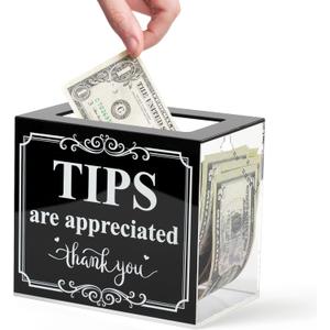 Lesnala Acrylic Tip Jar for Money Donation Raffle Cash Collection Storage Box for Bartender Bars Restaurants Musicians Drive and More 6 X 4 X 5 Inch (Black,Ttransparent)