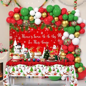 9 x 129Pcs There's Some Ho Ho Hos In This House Party Decorations Merry Christmas Balloon Arch Kit Includes Funny Xmas Banner, Xmas Themed Balloons and Tablecloths for Merry Friendsmas Party