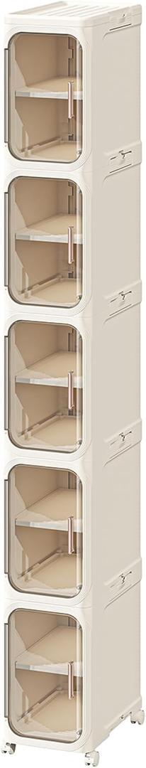 Tall Narrow Storage Cabinet, Silm Bathroom Organizers with Wheels, Golden Handle, Anti-Tip Storage Cabinet with Adjustable Shelves for Kitchen, Laundry(5tier-Cream)