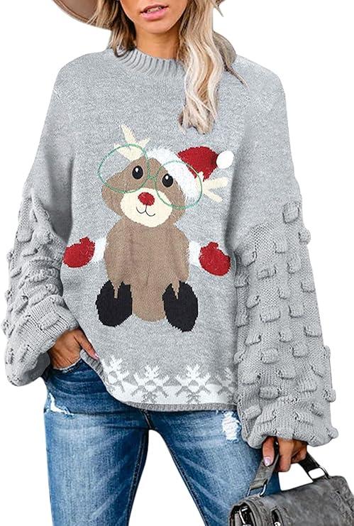 Sovoyontee Women's Cute Funny Ugly Christmas Sweater Puff Sleeve Snowflake Reindeer Holiday Oversized Knit Pullover M