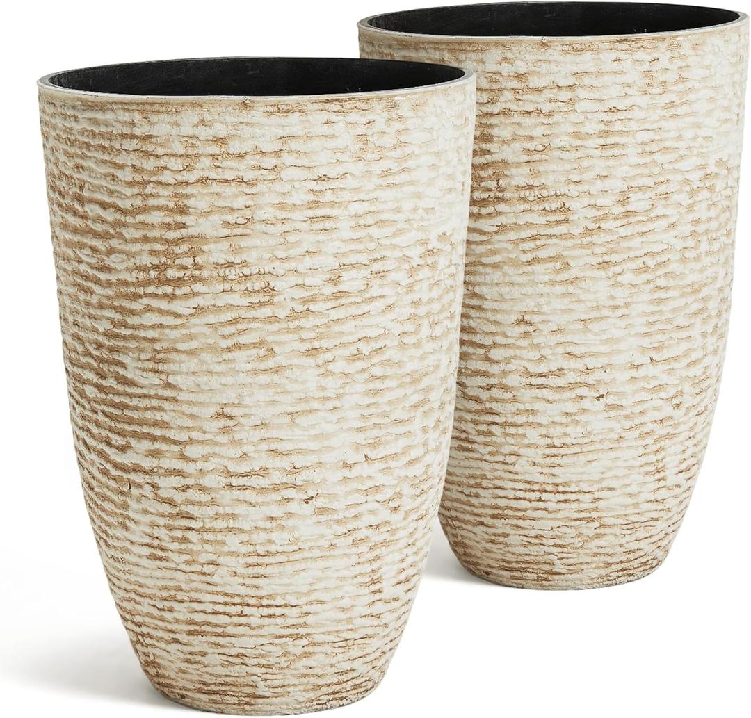 Worth 9 Gallon Tall Round Planters Set of 2-14" Dia x 21" H Stone Finish Flower Pots Indoor Decorative Container Garden Patio Unbreakable Beige, 14” diameter x 20.5” height