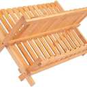 KAEASOUS Bamboo Dish Drying Rack - Large 2 Tier Wooden Dish Drying Rack for Kitchen, Wooden Plate Rack with Foldable Design, Drying Rack for Dishes, Utensils and Cups, Folding Dish Rack for Kitchen