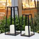 HPC Decor 2PCS Solar Lanterns for Outdoor Decor-20in 15.6in Black Metal Candle Lanterns w/ Waterproof Solar Powered Candles- Modern Farmhouse Hanging Decor for Front Porch,Yard Garden Patio