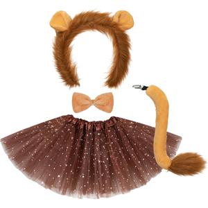 4 Pcs Halloween Costume Set Animal Ears Headband Tail Bowtie Tutu Skirt for Kids Adult Halloween Dress Up (Lion)