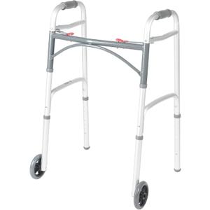 Drive Medical 10210-1 2-Button Folding Walker with Wheels, Rolling Walker, Front Wheel Walker, Lightweight Walkers for Seniors and Adults Weighing Up To 350 Pounds, Adjustable Height, Silver