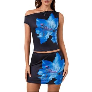 Verdusa Women's 2 Piece Floral Outfit Y2k One Shoulder Ruched Crop Tops Short Bodycon Skirt Set (X-Large, Blue and Black)