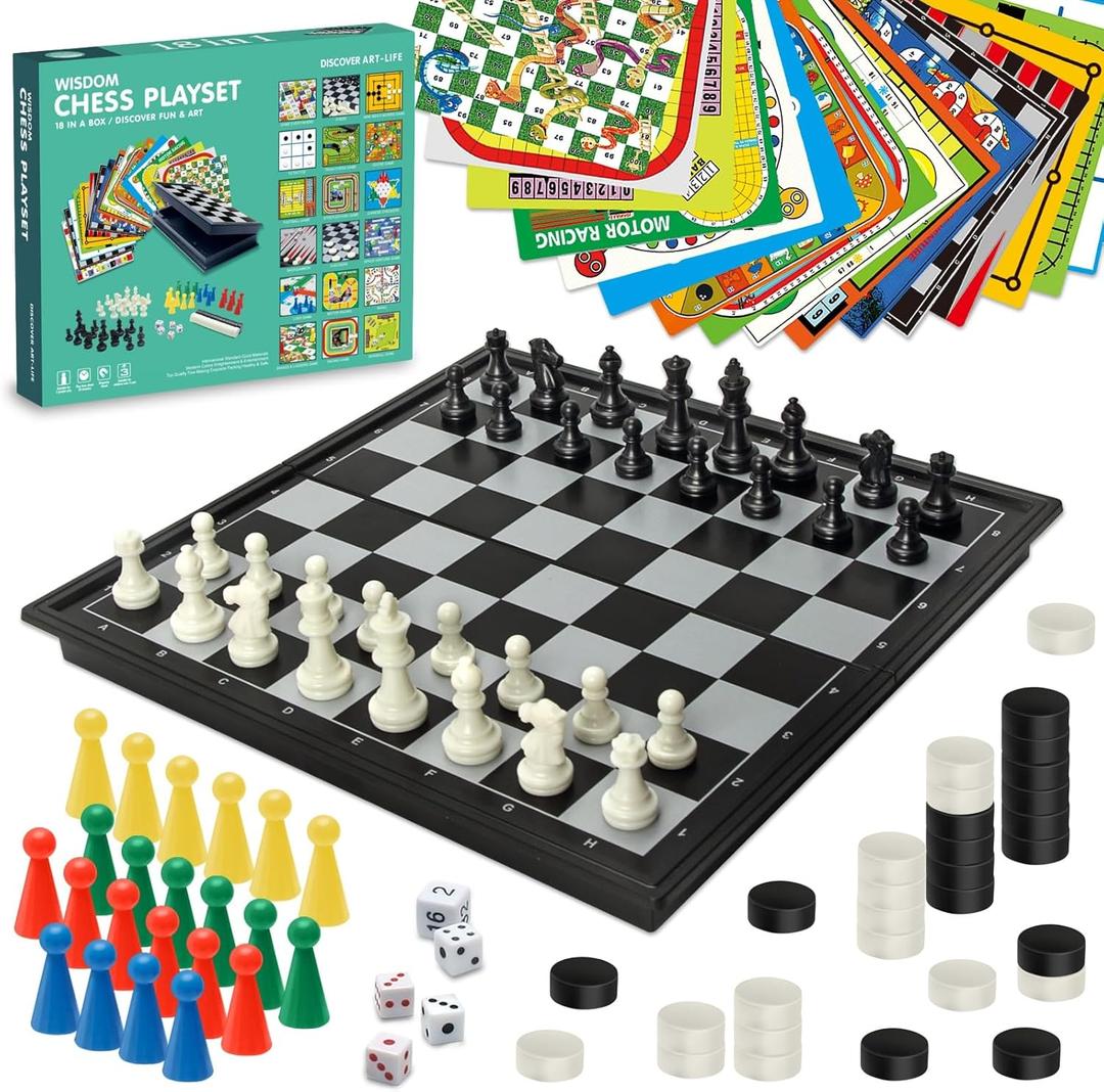 Magnetic Travel Board Game Set for Kids and Adults - Foldable 7.8" Chess & Checkers with Included Game Sheets for Ludo, Snakes & Ladders & More - Family-Friendly Multi-Game Set for Boys & Girls