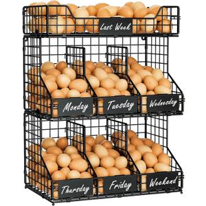 Xcosrack Egg Holder Countertop, 3 Tier Egg Rack with Labels Dividers to Separate Eggs, Stackable Wire Baskets for Fresh Egg, XXL Egg Dispenser for Countertop/WallMounted 