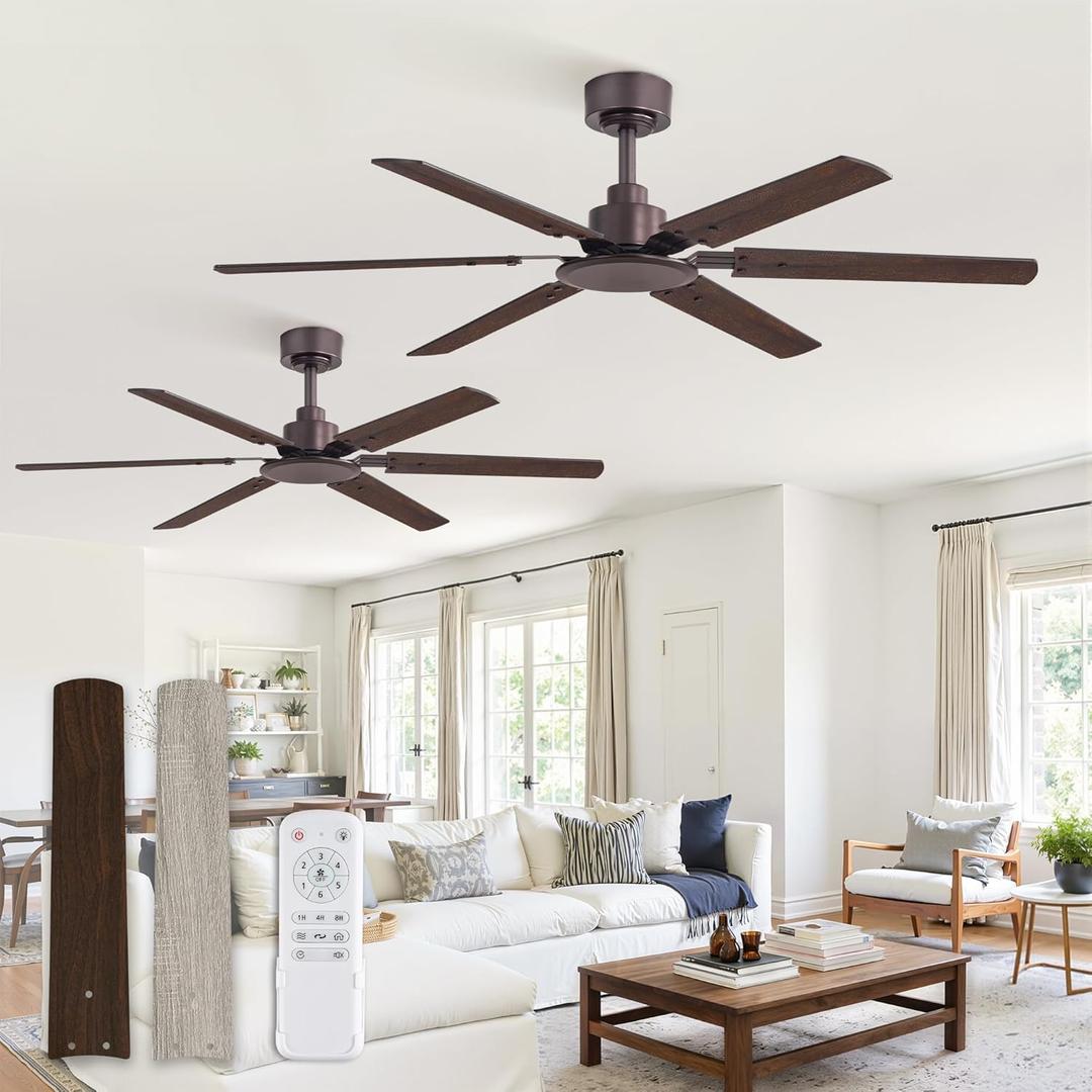 Fanbulous Ceiling Fan No Light, 48 Inch Indoor/Outdoor 6 Blades Ceiling Fan with Remote, 6-Speeds, Quiet Reversible DC Motor, Fans Without Light for Tilted Ceiling/Bedroom/Living Room/Patios, 2 Pack (Brown)
