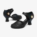 NEWBELLA Womens Mary Janes Vintage Pumps with Adjustable Ankle Strap & Embossed Cutou Design, Comfortable Flared Heels for Casual & Dressy, Size 9