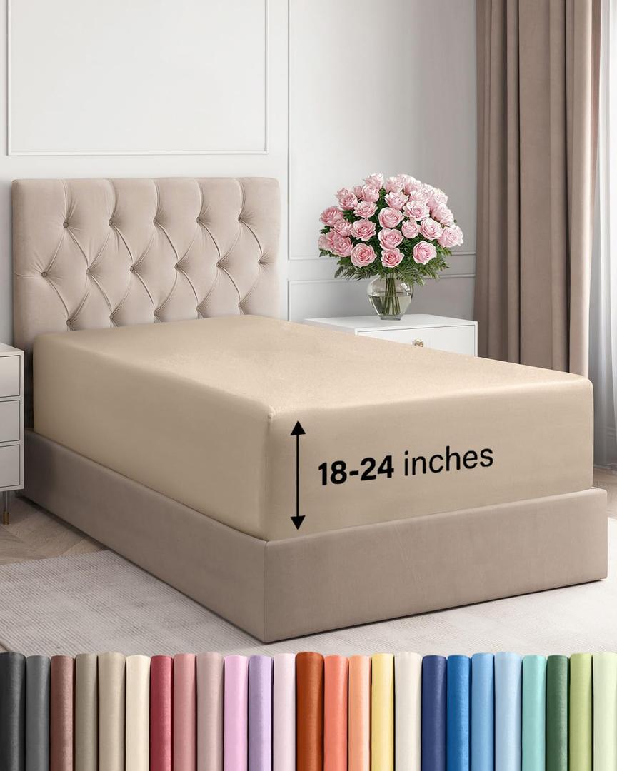 Extra Deep Twin XL Fitted Sheet - Hotel Luxury Single Fitted Sheet Only - Easily Fits 18 inch to 24 inch Mattress - Ultra Soft, Wrinkle & Fade Free w/Extra Deep Pockets - Breathable & Comfy - Cream