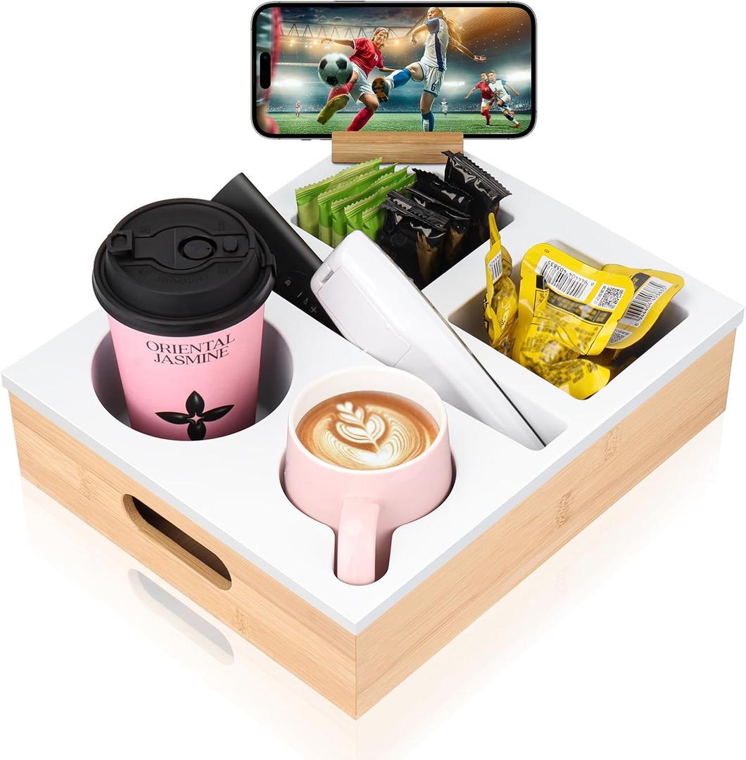 Couch Cup Holder Tray, Couch Caddy with Rotatable Phone Holder, Wooden Sofa Drink Holder with Handle for Bed Car Seat Beach Organizer, Anti-Spill for Snacks Beverage Remote White