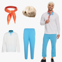 Men Classic Movie Set Adult Halloween Costume Long Sleeve Shirt with Wig Orange Scarf and Trousers XL