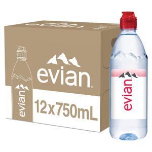 evian Natural Spring Water, 750 ml (25.36 fluid ounce) Water Bottle with Sports Cap, 12 Pack (EXP 02/04/26)