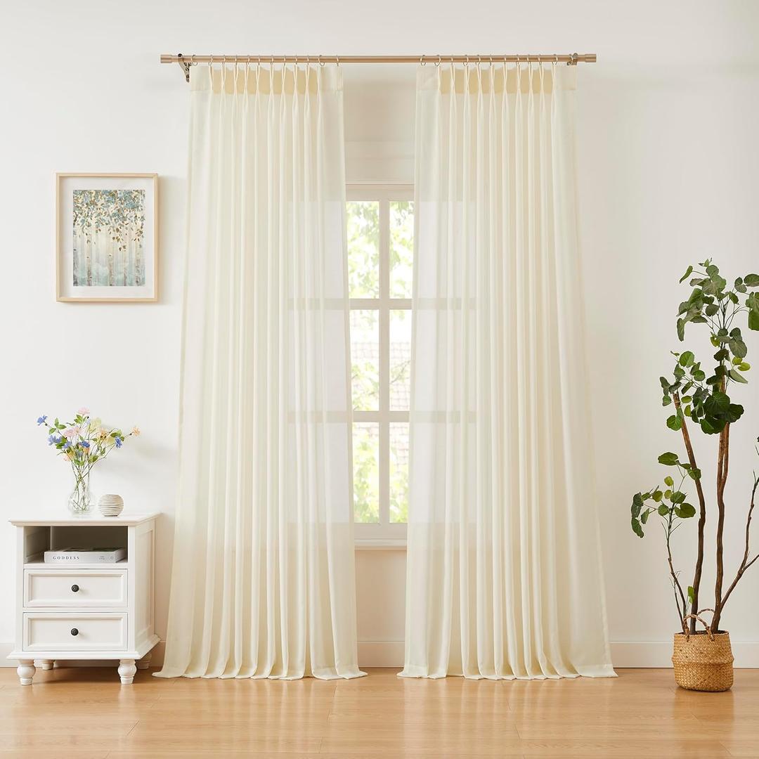 WEST LAKE 95 Inches Long Egret Ivory Pinch Pleated Sheer Curtains for Bedroom Living Room Sliding Patio Door,Farmhouse Textured Lightweight Drapes with Backtabs,Rustic Window Treatment,58" Wx95 Lx2