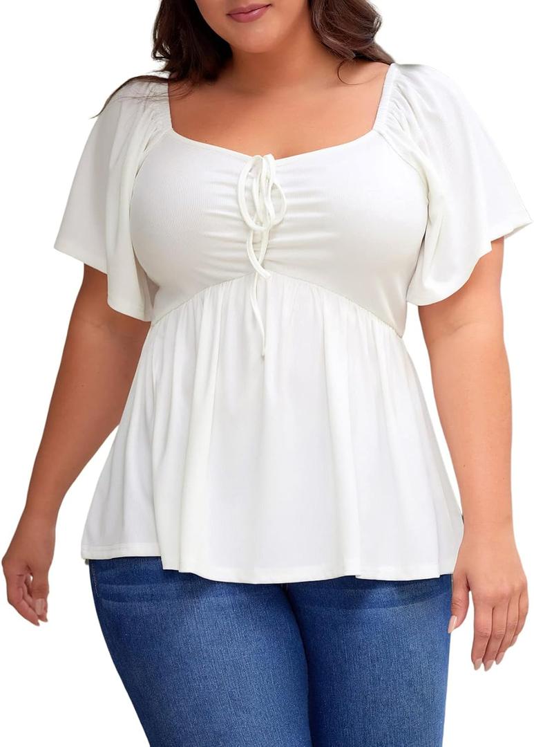 Eytino Women Plus Size Sweetheart Neck Short Sleeve Shirred Peplum Blouse Tops Shirts(1X) (White)