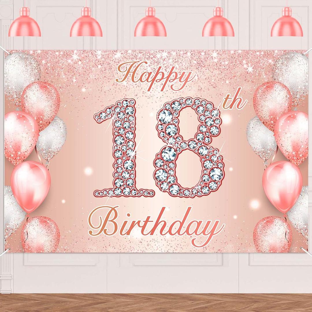 Happy 18th Birthday Rose Gold Banner Cheers to 18 Years Old Backdrop Confetti Balloons Theme Decor for Girls 18 Years Old Pink Birthday Party Decorations Bday Supplies Background Favors Gift Glitter