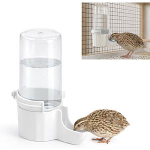 Quail Chick Waterer with Anti-Drowning Shallow Tray, 16.6 fl oz Automatic Gravity Button Quail Waterer, Hanging or Free-Standing Bird Water Dispenser for Wire Mesh Cages and Brooders (White)