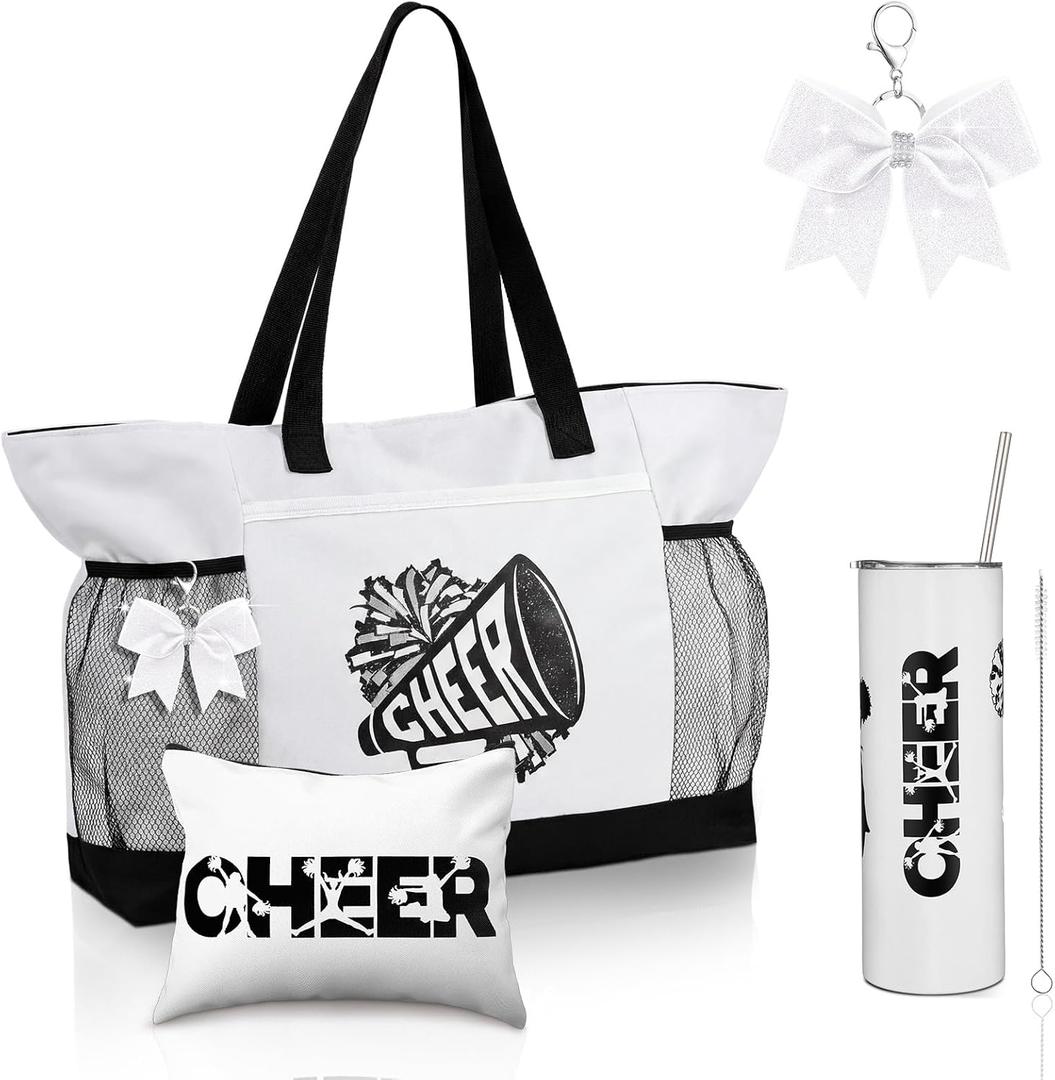Patelai 4 Pcs Cheerleader Gifts Set Cheer Tote Bag 20 oz Tumbler Women Makeup Bag Keychain Stuff Accessories for Cheerleader