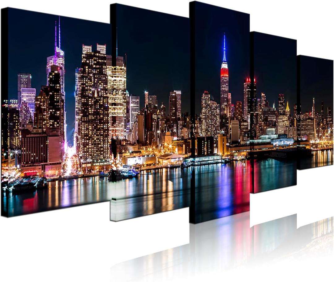 Biuteawal - New York City Canvas Wall Art Manhattan Skyline at Night Picture Prints Modern Home Office Wall Decoration Stretched Ready to Hang (W50"xH24")