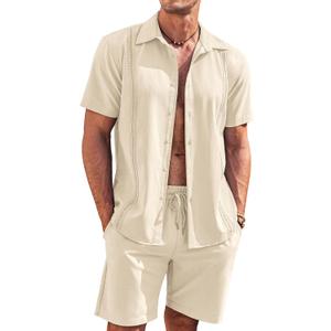 COOFANDY Men's 2 Piece Short Set Cuban Guayabera Shirts Short Sleeve Casual Beach Outfits Set (Khaki, L)