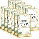 5x7 Gold Acrylic Sign Holder, 12 Pack Wedding Table Number Stands With Vertical Gold Borders, Double Sided Picture Frame Paper Stand, Clear Photo Display Menu for Party, Home, Restaurant
