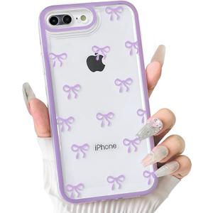 NITITOP Compatible with iPhone 7 Plus / 8 Plus Case Cute Clear Ribbon Bowknot Pattern for Girls Women Soft TPU Transparent Full Camera Lens Shockproof Protective Phone Cover - Purple