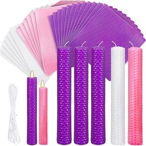Yuntau 24 Pcs Beeswax Candle Making Kit Christmas DIY Taper Candle Set Include Beeswax Honeycomb Sheets and Cotton Wick Kit for Fun Project (8 x 8 Inches,Pink,White,Purple)