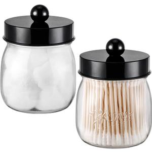 Farmhouse Decor Apothecary Jar Set, Mason Jar Bathroom Vanity Storage Organizer Canister-Qtip Holder Plastic Acrylic Jar for Cotton Swabs, Cotton Pad, Floss Pick, Paper Clip, Hair Clip (2 Pack, Black)