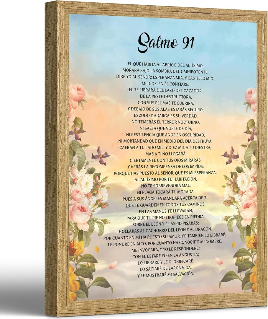 Salmo 91 En Español Para Pared,Scripture Framed Biblical Psalm 91 Canvas Painting,Inspirational Bible Verse Poster Print Artwork for Christian Prayer Room,Office,Living Room Home Decoration 12x16 In