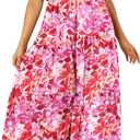 PRETTYGARDEN Women's Summer Beach Maxi Dress Short Sleeve Buttons Tiered Ruffle A Line Swing Dresses (Pink, S)