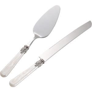 Wedding Cake Knife and Serve Set, Fancy Hand Craft Italian Style Design, Pearl Pie Knife Server Set, Vintage Silverware,Cake Cutter Set, Cake Knife Gift Set, 2 pcs (White)