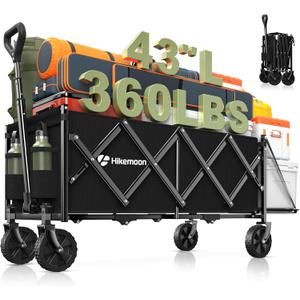 43'' Extra Long Collapsible Wagon with Extended Tailgate, 360LBS Heavy Duty Wagons Carts Foldable, Portable Folding Outdoor Utility Cart for Grocery, Shopping, Garden, Camping, Black
