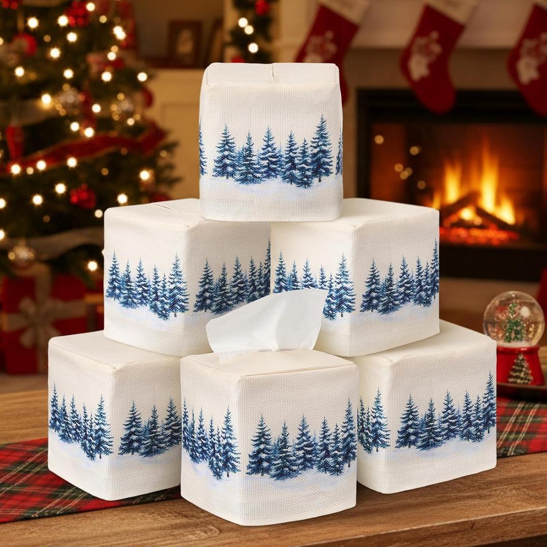 Roshtia 6 Pack Winter Christmas Linen Tissue Box Cover Holder 4.75x4.75x5.5in Square Winter Holiday Snow Xmas Tree Tissue Box Holder Cube Boho Xmas Gifts for Living Room Bathroom Farmhouse Accessories