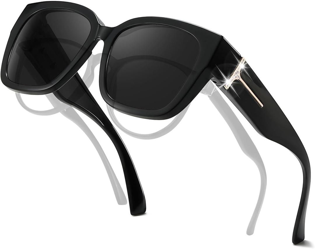 TJUTR Polarized Sunglasses Fit Over Glasses for Women, Oversized Driving Sun Glasses with Rhinestone Designer Style (A2 Black/Grey)