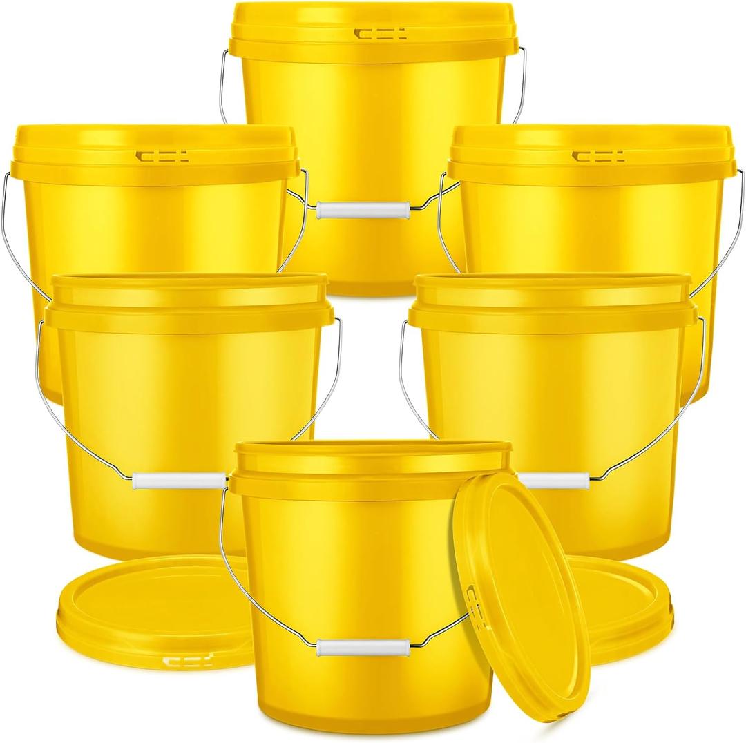 Ziliny 6 Pack 2 Gallon Plastic Bucket with Lid Heavy Duty Pail with Metal Handle Reusable Small Multipurpose Paint Buckets Container for Food Storage(Yellow)