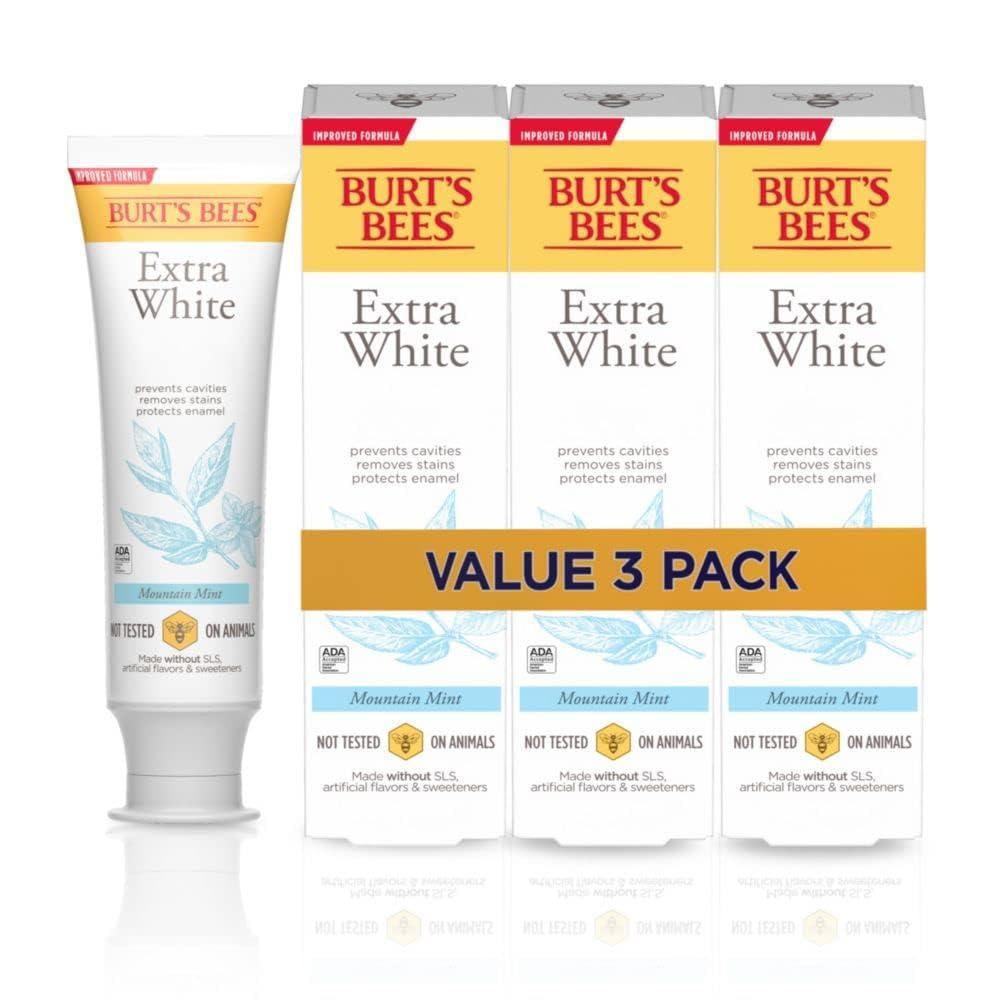 Burt's Bees Extra White Toothpaste, Fluoride Toothpaste, Natural Flavor, Mountain Mint, 4.7 oz, Pack of 3 Exp: 08-21-27