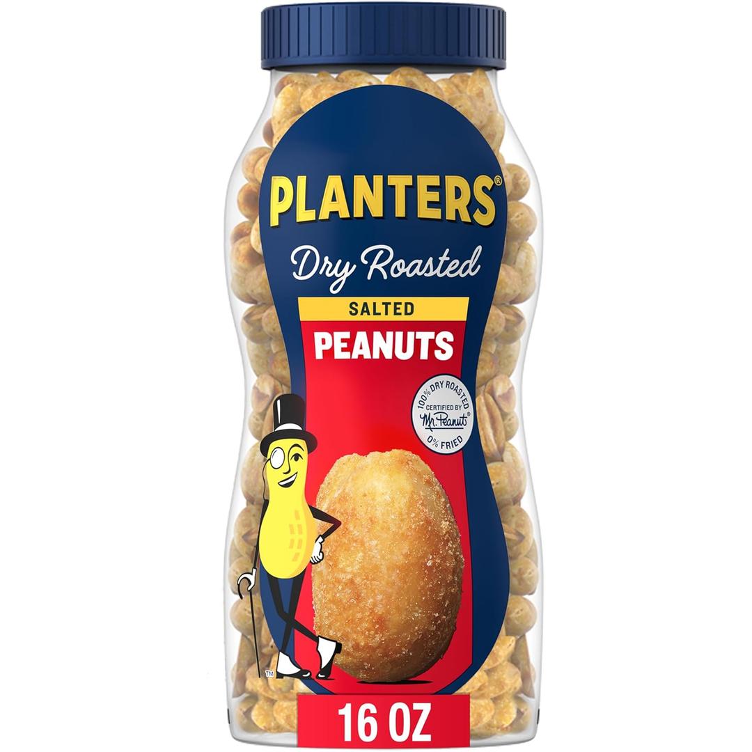 PLANTERS Salted Peanuts, Dry Roasted Peanuts, Party Snacks, Plant Based Protein, Snacks For Adults, 16oz (1 Jar) (BB: August 21, 2026)