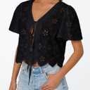 Trendy Queen Womens Summer Tops Cute Boho Blouses Beach Vacation Spring Outfits 2026 Tie Front Eyelet Embroidered Clothes (Black, M)
