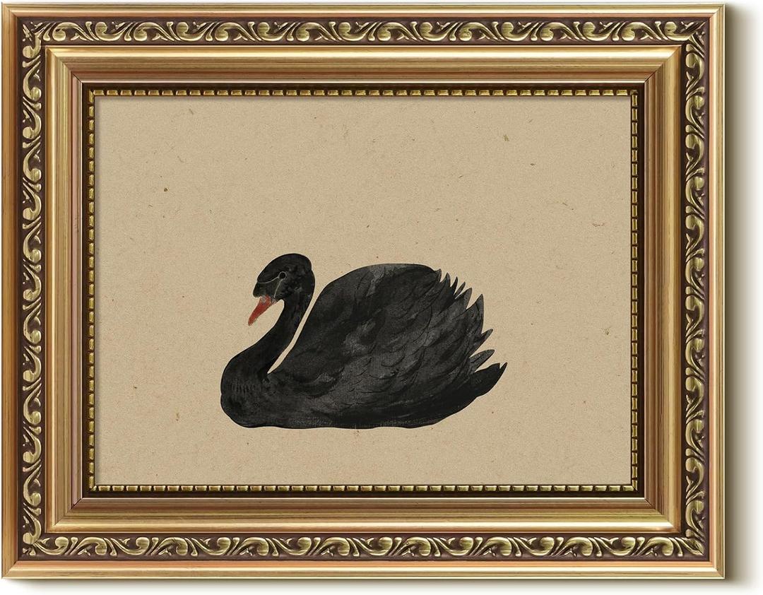 VIYYIEA Gold Framed Wall Art, Black Swan Canvas Print Home Decor Vintage Art Painting Picture Bathroom Wall Decor, Animals Artwork for Living Room Bedroom Kitchen Office - 10L x 8W