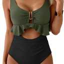 B2prity Womens One Piece Swimsuit Tummy Control Ruffled Bathing Suit V Neck Cutout Swim Suit Tie Back Swimwear (Medium, Army Green, Black)