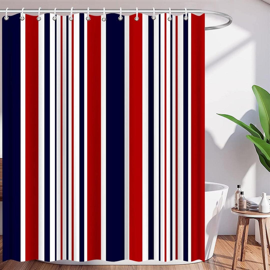 Navy Blue Red White Shower Curtain Abstract Geometric Stripes Modern Contemporary Simple Fashion Lines Nautical Classic Creative Polyester Curtains Bathroom Decor with Hooks, 64x72 Inch