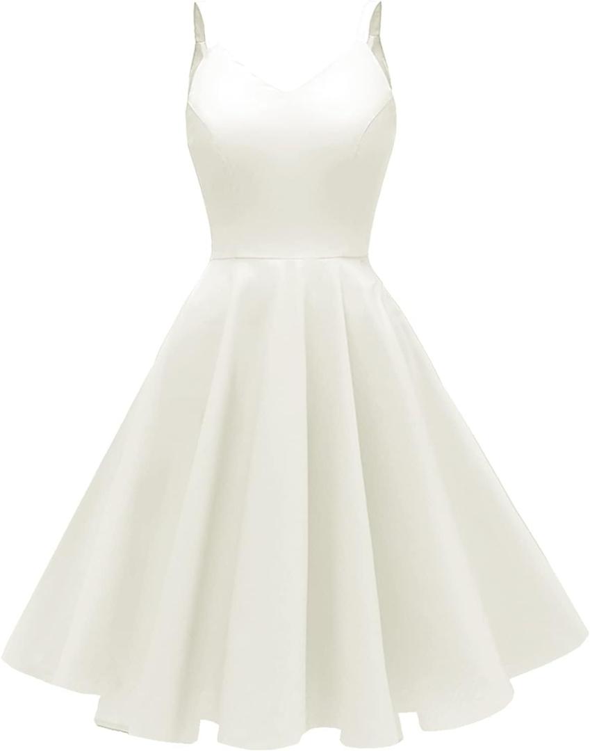 GOOBGS Women's 1950s Retro Vintage Spaghetti Strap Cocktail Swing Dresses with Pockets, White,  XS