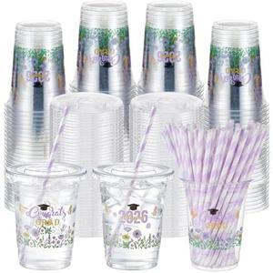Sliner 50 Sets 16 oz Purple Graduation Plastic Cups Wildflower Congrats Grad Disposable Drinking Cups with Lids and Paper Straws for Hot Cold Drinks Class of 2026 Graduation Party Supplies